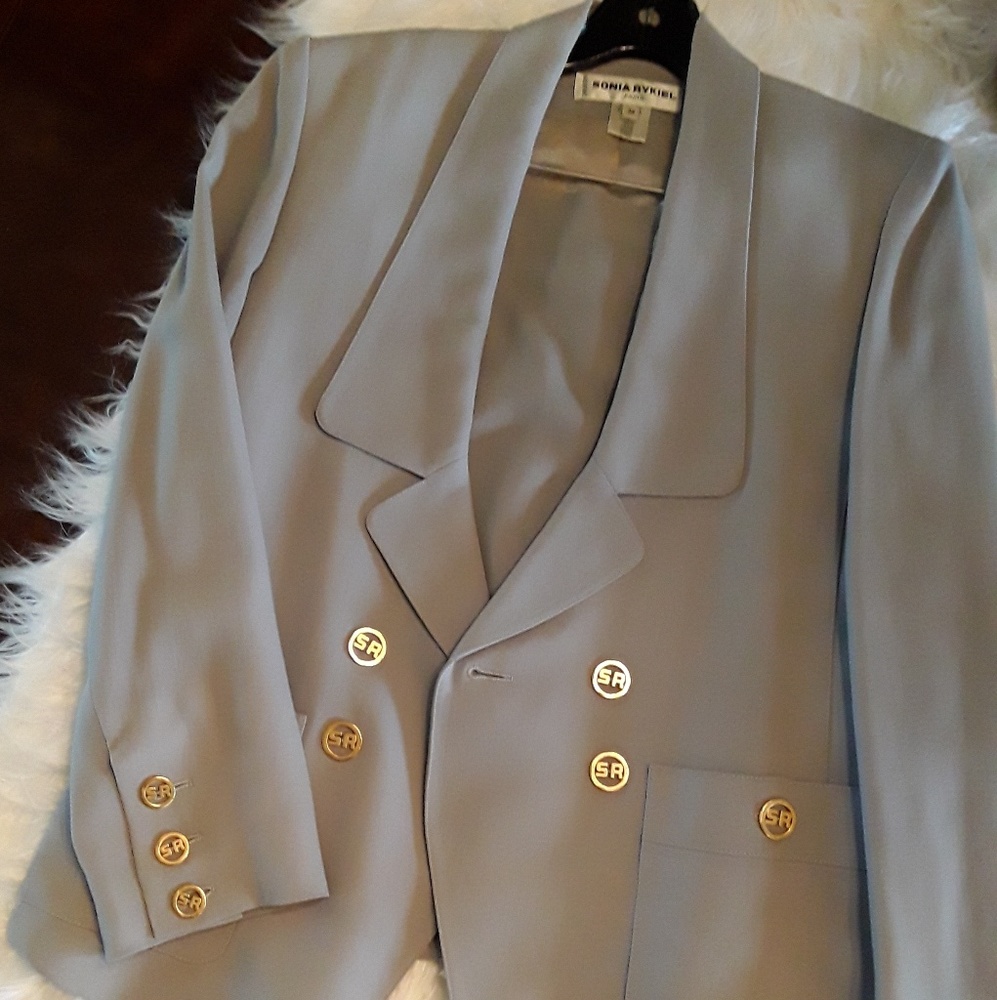 Sonia Rykiel French Grey Designer Skirt Suit Gold Monogram Buttons size XS
